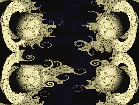 Gold planets, textured abstract image of metal cast space bodies on black backgroundの写真素材