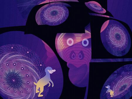 Monkeys worship their god, a joke abstract illustration showing how animals believe in religionの写真素材