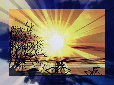 Riding a bike at dawn, an abstract textured illustration showing two athletes competing outdoorsの写真素材