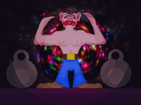 Super weight athlete, a joke abstract image of a merry man who sets records for lifting gyrsの写真素材