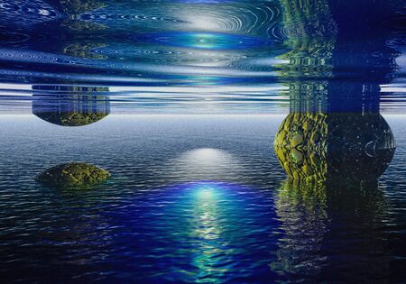 3d image of part of a stone artifact underwater, textured abstraction showing structures built by another civilizationの写真素材