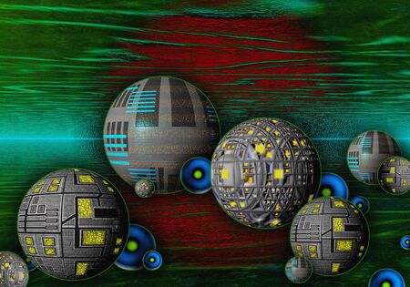3d image of an abstract wooden texture scene, with chaotic scattered ballsの写真素材