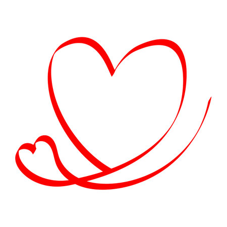 Hand-drawn continuous line drawing of two hearts in red brush stroke on white background. vector illustrationのイラスト素材