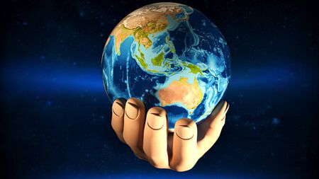 Earth at night was holding in human handsの写真素材