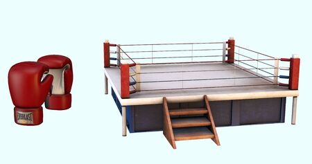 boxing ring and gloves against white backgroundの写真素材