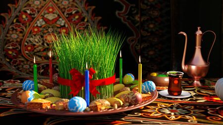 Novruz setting in Azerbaijan with black tea in armudu pear shape drinking glass with green wheat grass semeni with red ribbon for celebration.の写真素材
