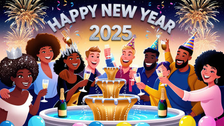 Happy New Year 2025 celebration with group of friends having fun and drinking champagne. Vector illustrationの写真素材