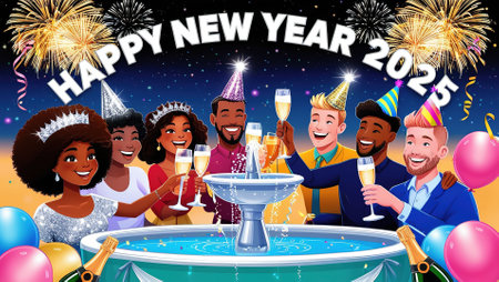 Happy New Year 2025 celebration with group of friends having fun and drinking champagne. Vector illustrationの写真素材