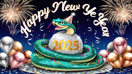 Happy New Year 2025 celebration card with snake, serpent and fireworks.の写真素材