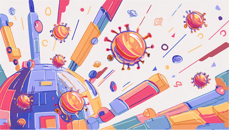 Astronaut in space with rocket and planets. Cartoon vector illustrationの写真素材
