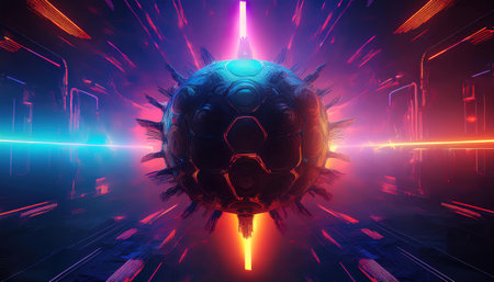 3D illustration of a soccer ball surrounded by neon lights and reflectionsの写真素材