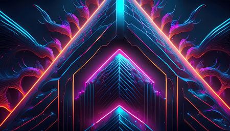 3d render, abstract background with glowing neon lines and waves, digital illustrationの写真素材