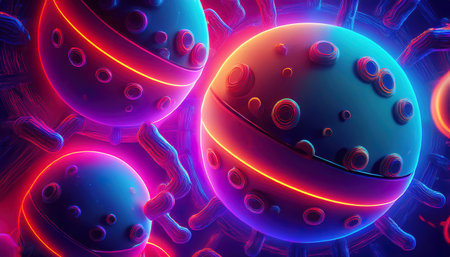 3d illustration of virus cells with glowing neon effect in dark background