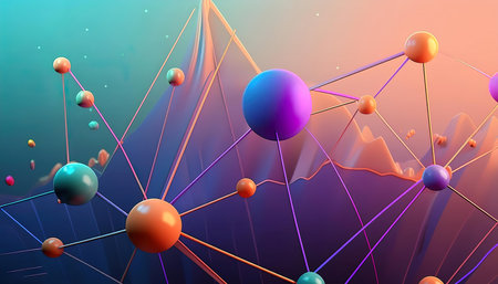 3d illustration of abstract geometric background with colorful balls and lines.