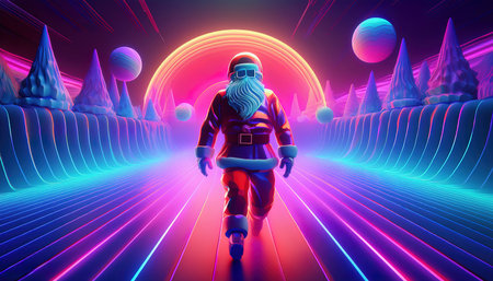 3D illustration of a cyborg running in the space with neon lightsの写真素材