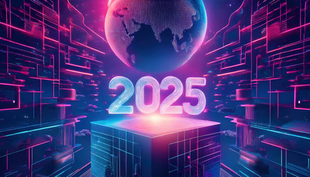 Glowing neon numbers of the year 2015 on a cube in front of a technological background.