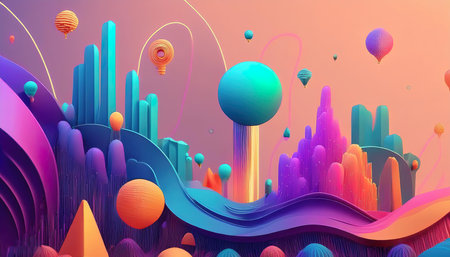 3d illustration of abstract background with colorful geometric shapes and balls.の写真素材