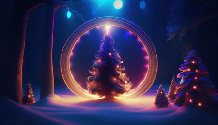3d illustration of christmas tree in winter night with lights.の写真素材