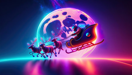 Santa Claus in sleigh with reindeers on the background of the moonの写真素材