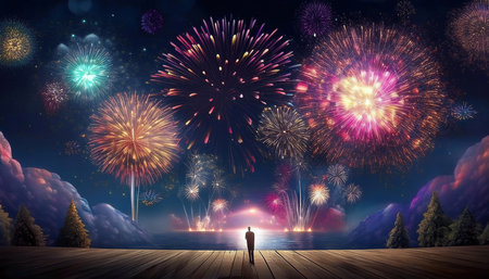 Conceptual image of man standing on wooden pier and looking at fireworksの写真素材