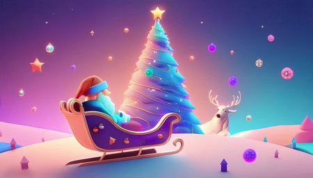 Santa Claus rides on a sleigh with a Christmas tree. Vector illustration.の写真素材