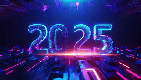 New year background with glowing neon numbers. 3D Rendering