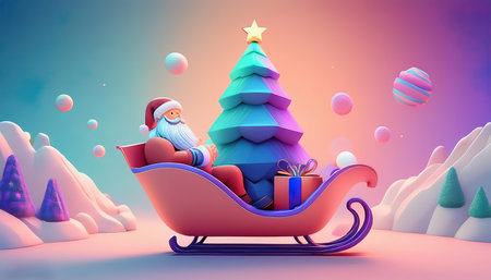Santa Claus sitting in a sleigh with a gift. 3d illustrationの写真素材
