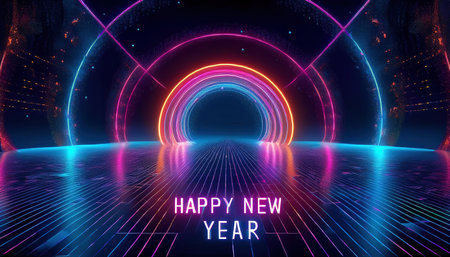 3d rendering of happy new year text in neon style on dark backgroundの写真素材