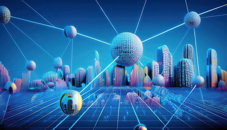 3d illustration of modern city and network over blue background with globeの写真素材