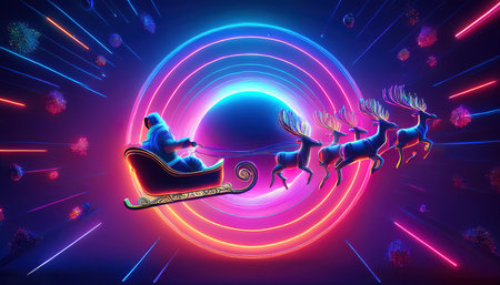 Santa Claus rides a sleigh with reindeers on the background of luminous circlesの写真素材