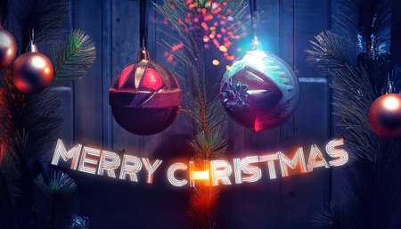 Merry Christmas and Happy New Year greeting card on wooden background.の写真素材