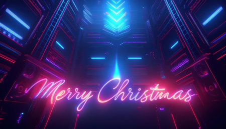 Merry Christmas and Happy New Year background with neon lights. Vector illustration.の写真素材