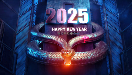 Happy New Year 2025. Futuristic concept. 3D Renderingの写真素材