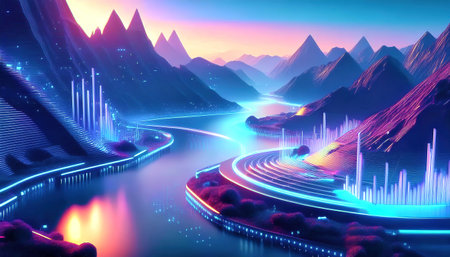 Futuristic landscape with road and high mountains. 3d rendering