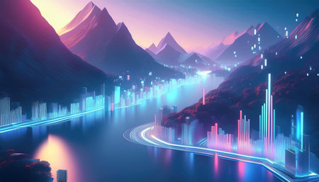 Futuristic landscape with mountains and river. 3D rendering.の写真素材