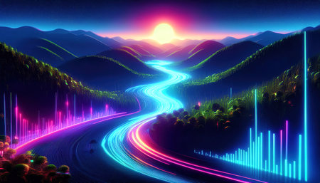 Futuristic landscape with mountains, road and neon lights. 3d rendering
