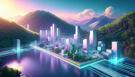 Futuristic city on a background of mountains. 3d renderingの写真素材