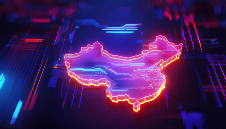 Map of China in neon light, 3d rendering. Computer digital drawing.の写真素材