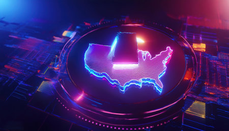 Neon map of USA on a turntable. 3d renderingの写真素材