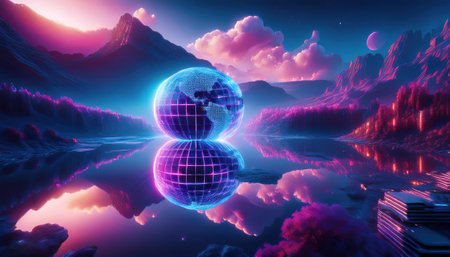 3d illustration of abstract background with planet and city in neon lightの写真素材