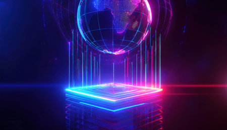 3d render, abstract futuristic background with neon lines and planet earthの写真素材