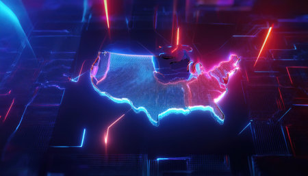 3d rendering of United States map with neon lights on dark backgroundの写真素材