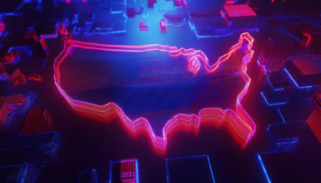 3D rendering of a neon map of the United States of Americaの写真素材