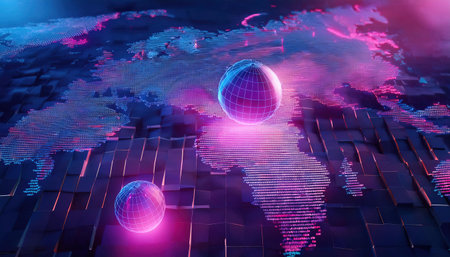 Abstract 3D rendering of digital world map with blue and pink neon lightsの写真素材
