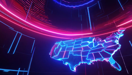 Glowing map of the USA with glowing neon lines. 3D renderingの写真素材