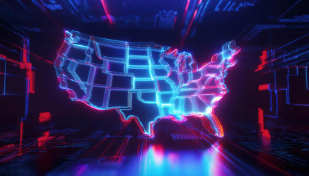 Glowing neon map of USA on dark background. 3D Renderingの写真素材