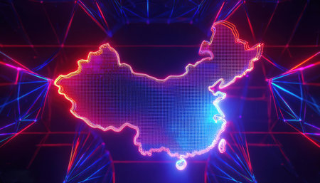 Map of China on abstract background. 3D rendering. Neon glowの写真素材