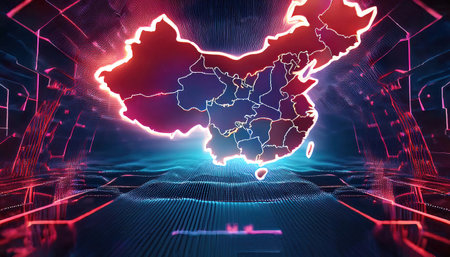3D rendering of abstract digital background with map of China in red and blue colorsの写真素材