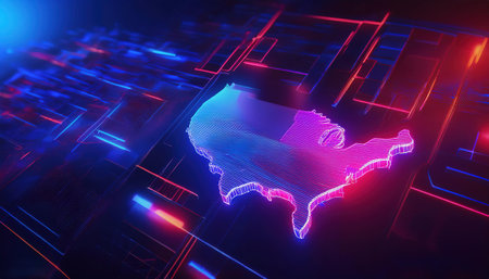 3d rendering of USA map hologram with neon lights on dark backgroundの写真素材