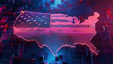 Map of USA on digital screen, 3d rendering. Computer digital drawing.の写真素材